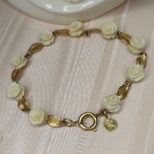 Vintage 50s 12k Gold Fileld Bracelet Carved Ivory Roses & Leaf Design